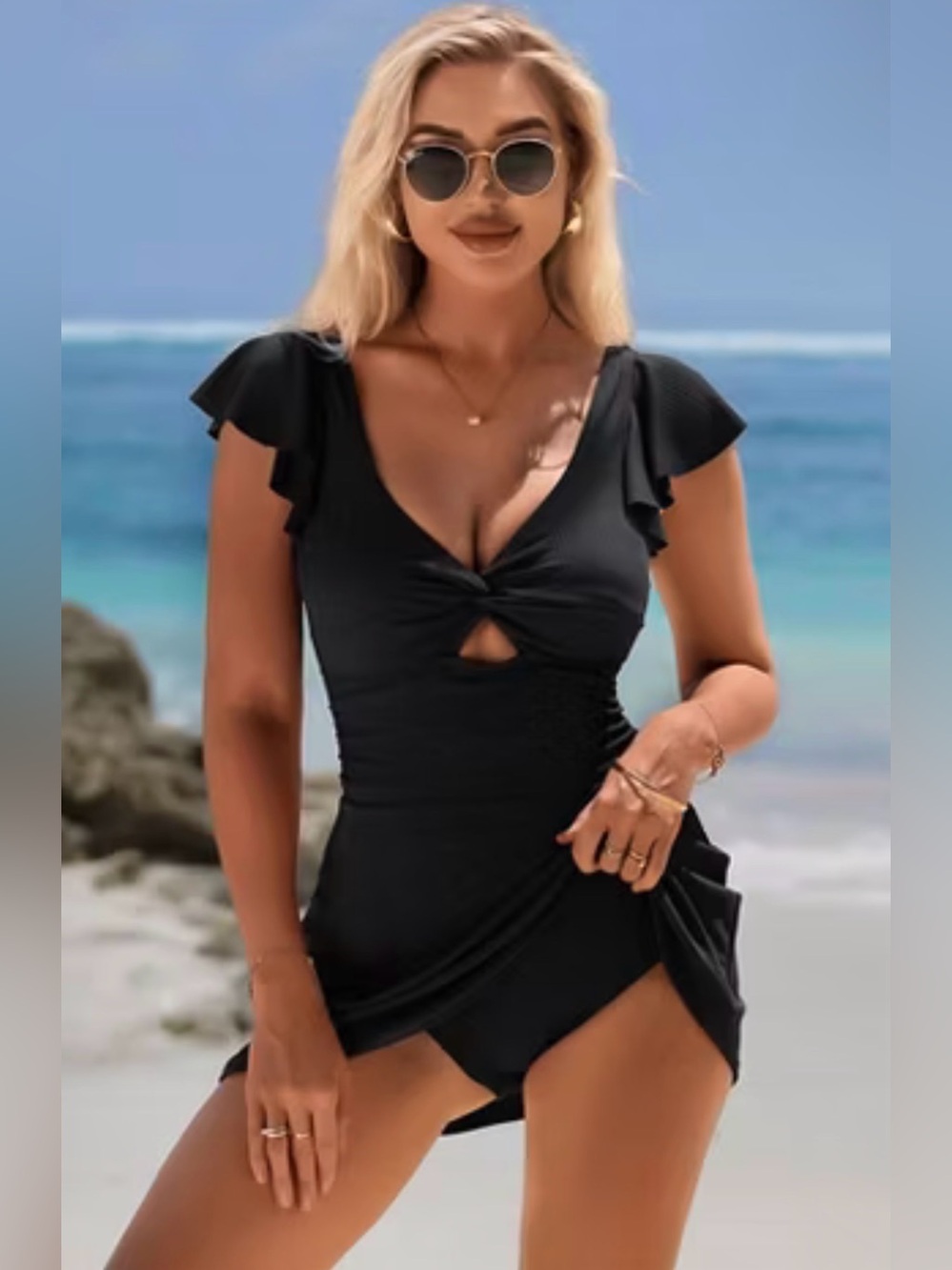Charmo Ribbed Black Flutter Sleeve Twist Front Swimdress